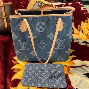 Blue Denim Monogram Tote with Natural Trim
